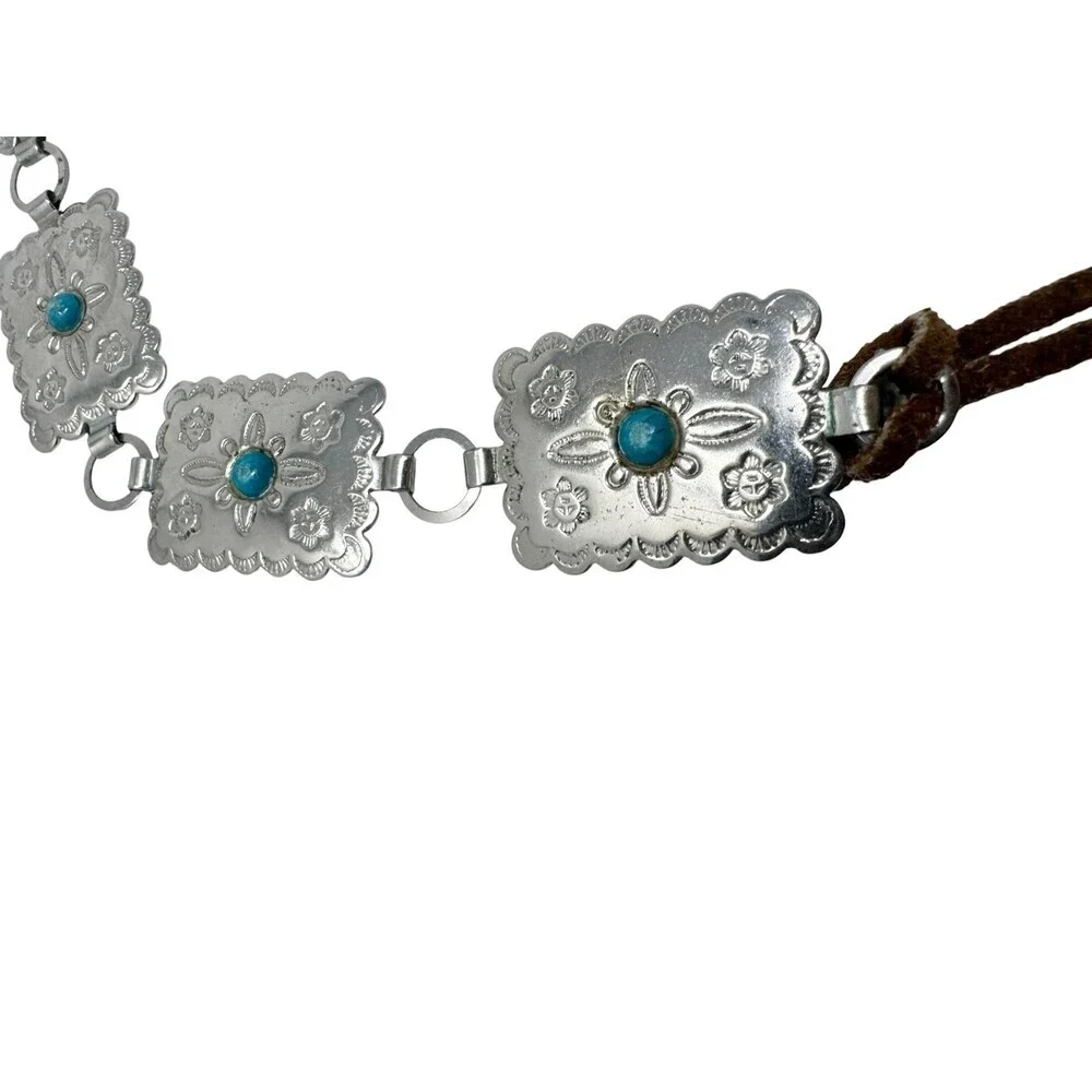Western Concho Belt Silver Turquoise Leather Tie Boho Cowgirl Stamped Floral